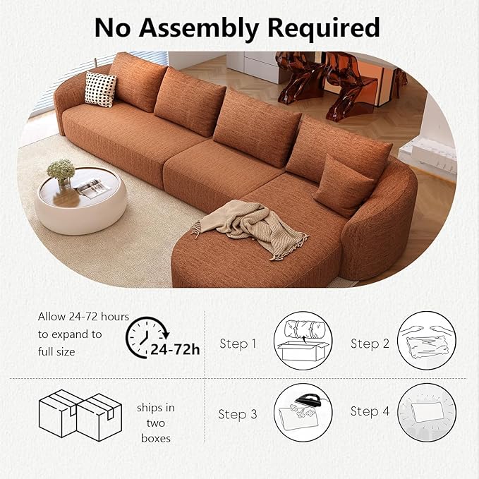 138.6" Modular Sectional Couches Luxury Modern Curved Back Sofa,Minimalist Comfy L-Shape Boneless Cloud Couch for Living Room Apartment,(Right Facing Chaise,Orange)