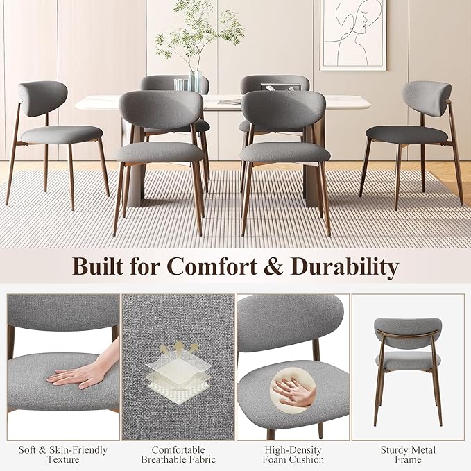 Dining Chairs Set of 4, Upholstered Dining Room Chairs with Metal Legs and Anti Slip Pads, Curved Back Kitchen Chair for Home and Restaurant Use, Light Grey