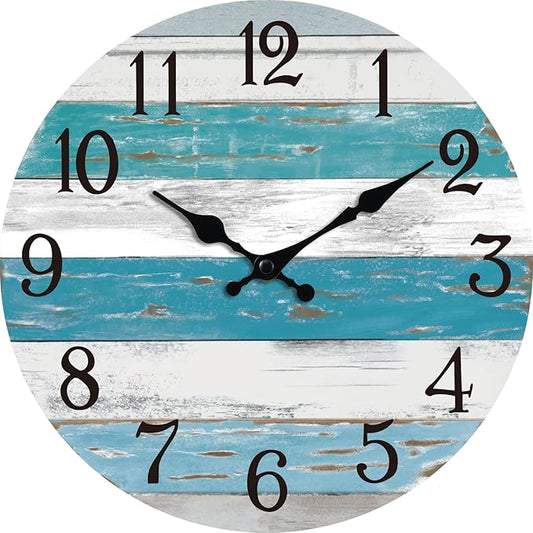 Wall Clock Battery Operated 8 Inch Outdoor Beach Style Blue Coastal Retro Silent Non Ticking Decorative for Bathroom Kitchen Living Room Bedroom