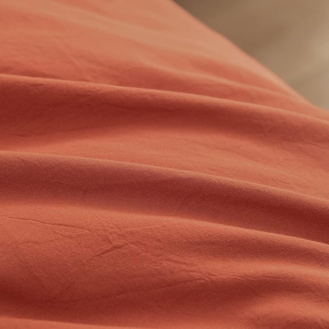 BESTOUCH Duvet Cover Set 100% Washed Cotton Linen Feel Super Soft Comfortable Chic Lightweight 3 PCs Home Bedding Set Solid Burnt Brick Red Oversized Full