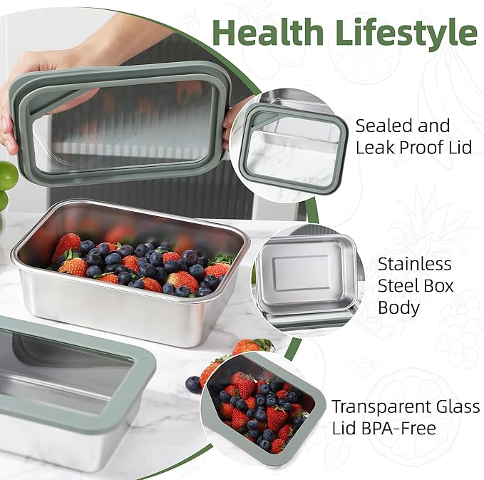 Meal Prep Containers, 3 Size-21/40/74oz Glass Food Storage Containers with Leak Proof Airtight Lids, Stainless Steel Bento Lunch Boxes, Kitchen Storage for Oven, Freezer, Dishwasher