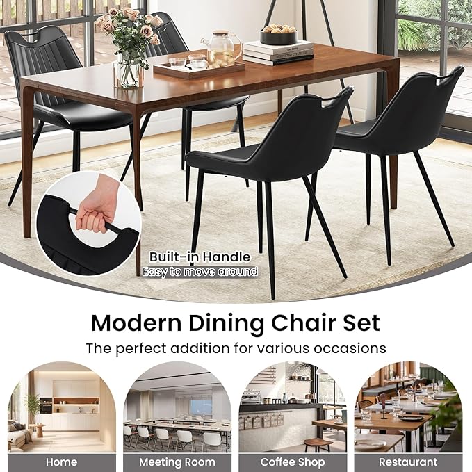 Giantex Dining Chairs Set of 4, PU Leather Upholstered Kitchen Dining Room Chairs w/Handle, Metal Legs, Curved Back, Modern Armless Accent Side Chair for Living Room, Restaurant (PU Black)