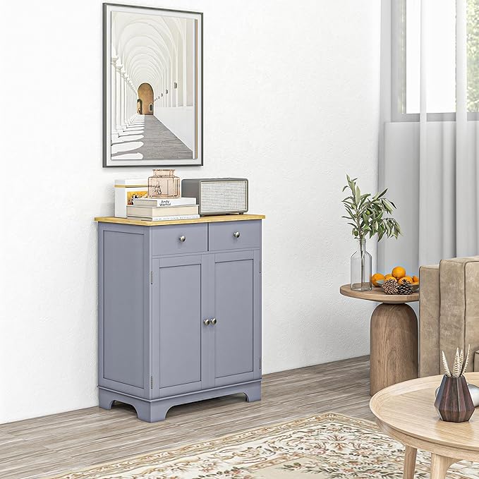 HOMCOM Sideboard with Solid Wood Countertop, Modern Kitchen Storage Cabinet, Coffee Bar Cabinet with 2 Drawers, Doors and Adjustable Shelf, Gray