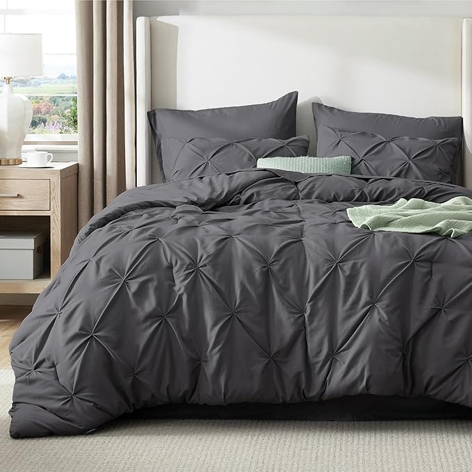 Bedsure Full Comforter Set Dark Grey - Bed in a Bag Full Size Bedding Set 7 Pieces, GentleSoft™ Pintuck Bed Set Gift for Family, Pinch Pleat All Season Comforter with Sheets, Pillowcases & Shams