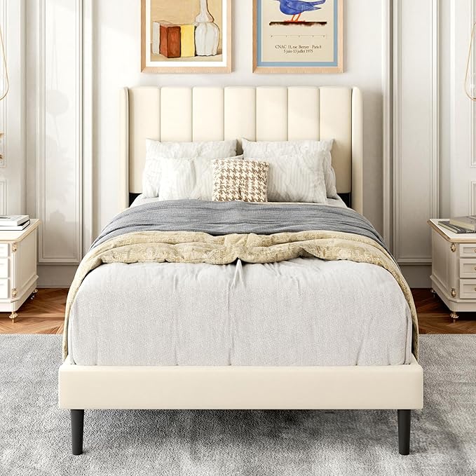 Twin Size Bed Frame with Upholstered Wingback Headboard, Easy Assemnly Platform Bed, Wooden Slat Support No Box Spring Needed, Cream
