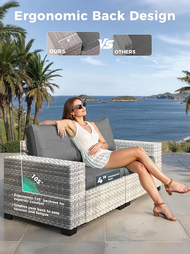 10 Piece Outdoor Wicker Rattan Sectional Sofa Set with Swivel Chairs & Fire Pit Table, 7-Seats with 4" Thickened Cushions & Coffee Table, All-Weather PE Rattan for Garden, Backyard, Porch, Black