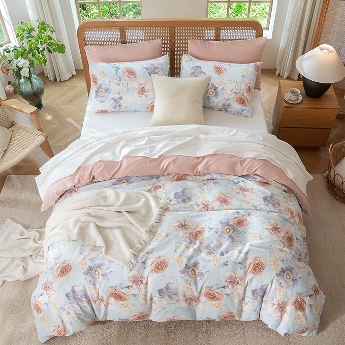 King Comforter Set Flowers 3 Pieces Soft Chic Crinkle Gauze Fabric Bedding, Garden Peony Floral Print Botanical Comforter for All Seasons Luxury Warmth Comfy Breathable with 2 Pillowcases