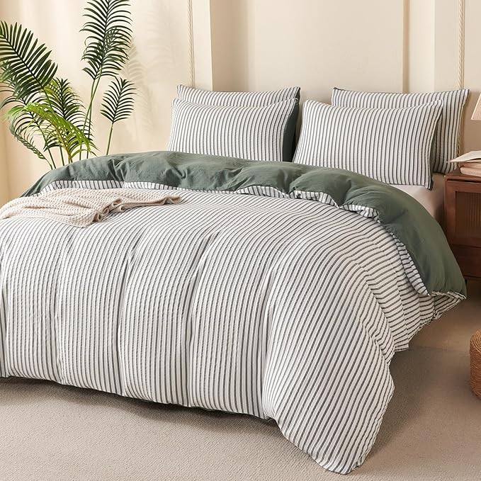 Green Queen Size Comforter Set Striped 100% Soft Washed Microfiber Jacquard 3 Pieces Striped Bedding Sets Green White Comforter Queen for All Seasons and 2 Pillowcases Comfort Breathable