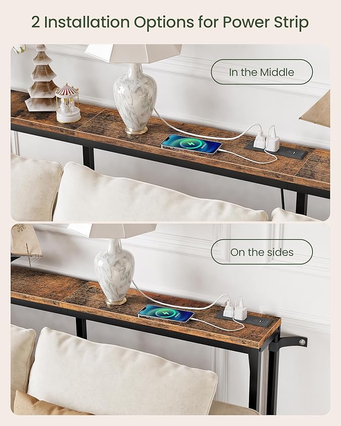 70.9" Console Table with Charging Station, Narrow Long Behind Couch Table, with 2 AC Outlets, 1 USB-A Port and 1 Type-C Port Rustic Brown and Black TXG28UBF