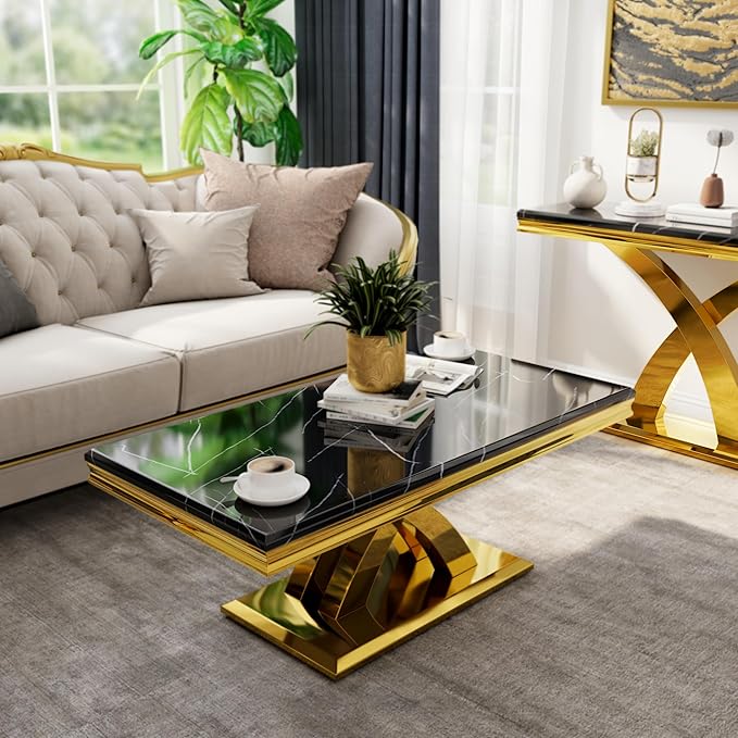 AUZ 2 Pieces Black Gold Living Room Table Set, Coffee Table and Console Table with X-Shape Design Polished Stainless Steel Frame
