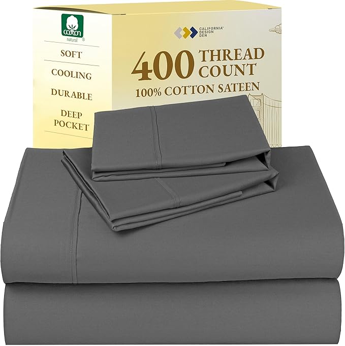 California Design Den Natural 100% Cotton Sheets, Full Size Sheets Set, 400 Thread Count Sateen Bedding, Deep Pockets with All-Around Elastic for a Snug Fit, Cool & Durable Bed Set - Grey