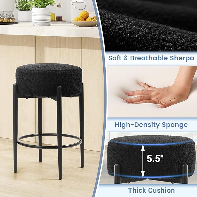 Counter Height Bar Stools, Set of 2, 24" Modern Backless Bar Stools, Ideal for Kitchen Counter, Kitchen Island, Boucle Sherpa Padded Cover, with Round Soft Seat and Foot Rest, Black