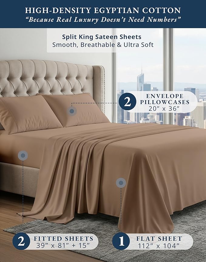 LANE LINEN 100% Egyptian Cotton Split King Sheets for Adjustable Beds- Soft & Comfy Sateen Weave for Silky Finish, Cool Breathable Eco Friendly Sustainably Produced Bedding- Taupe