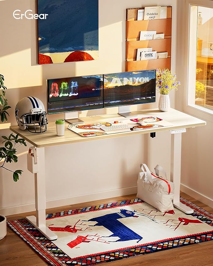 ErGear Height Adjustable Electric Standing Desk, 55 x 28 Inches Sit Stand up Desk, Large Memory Computer Home Office Desk with Two-Piece Desktop (Natural)