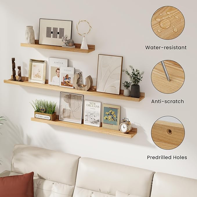 Solid Ash Wood Picture Ledge Shelf, Wood Floating Shelves Set of 2, 48 Inch Long Large Photo Ledge Shelves, Nursery Book Shelves Wall Mounted for Living Room Kids' Bedroom Decor, Natural