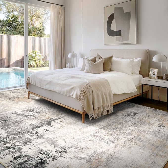 Area Rug Living Room Rugs - 9x12 Modern Abstract Soft Indoor Neutral Washable Rug Stain Resistant Non-Slip Low Pile Carpet for Bedroom Dining Room Home Office - Charcoal Grey