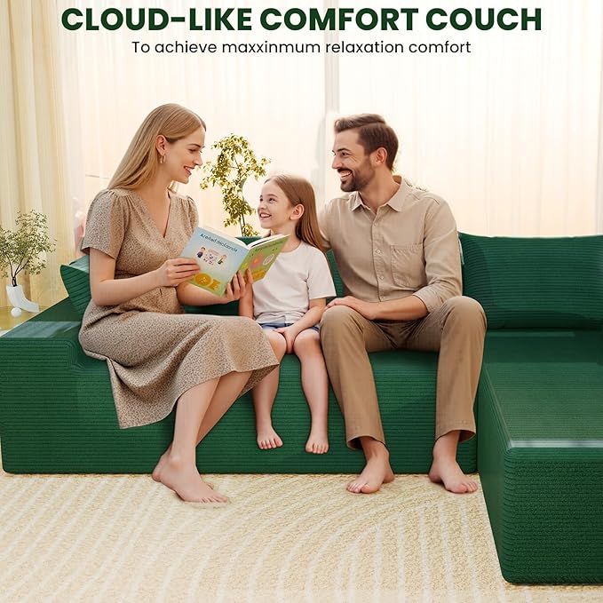 LEVELEVE 107" Cloud Sectional Couch with Deep Seat，Modern Modular Sofa with L-Shape Chaise，No Assembly Required, Upholstered Couches for Living Room Bedroom(Green,Right Facing Chaise)