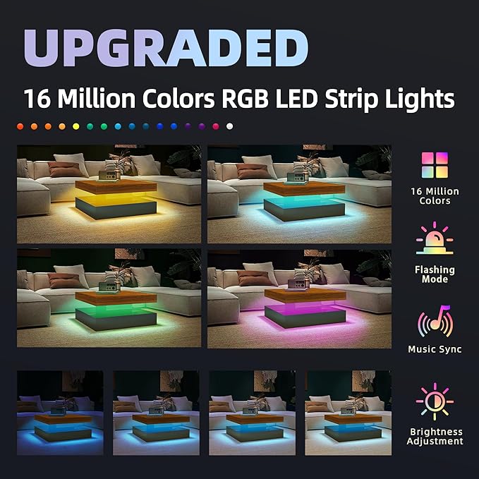 LED Coffee Table for Living Room, 2-Tier Modern Square Center Table with Music Sync Lights, High Gloss Surface, 30 3/4" x 30 3/4" (Rustic Brown+Black)