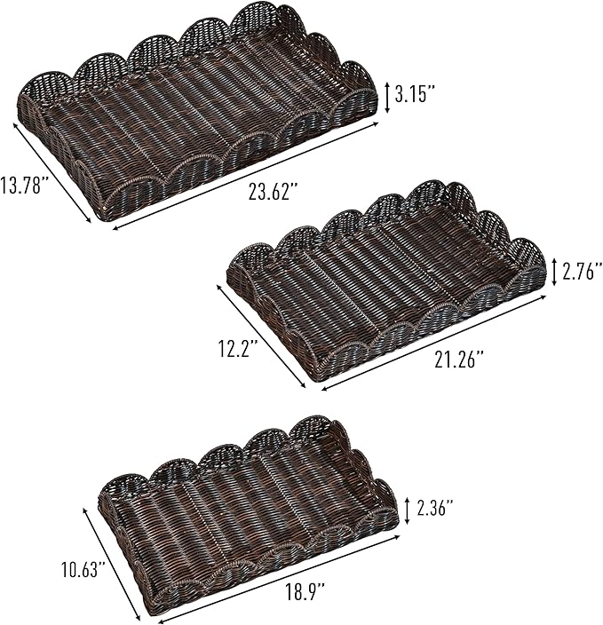 happimess TRY2001B-3SET Parker Southwestern Cottage Resin Scalloped Rectangular Decorative Serving Trays, Dark Brown (Set of 3) for Storage and Decoration in Bathroom, Bedroom, Living Room