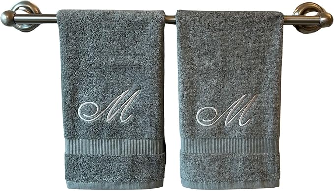 Gray Monogrammed Hand Towels for Bathroom - Luxury Hotel Quality Personalized Initial Embroidered Towel for Powder Room, Spa - GOTS Organic Certified - Set of 2 Silver Letter M