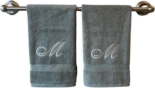 Gray Monogrammed Hand Towels for Bathroom - Luxury Hotel Quality Personalized Initial Embroidered Towel for Powder Room, Spa - GOTS Organic Certified - Set of 2 Silver Letter M