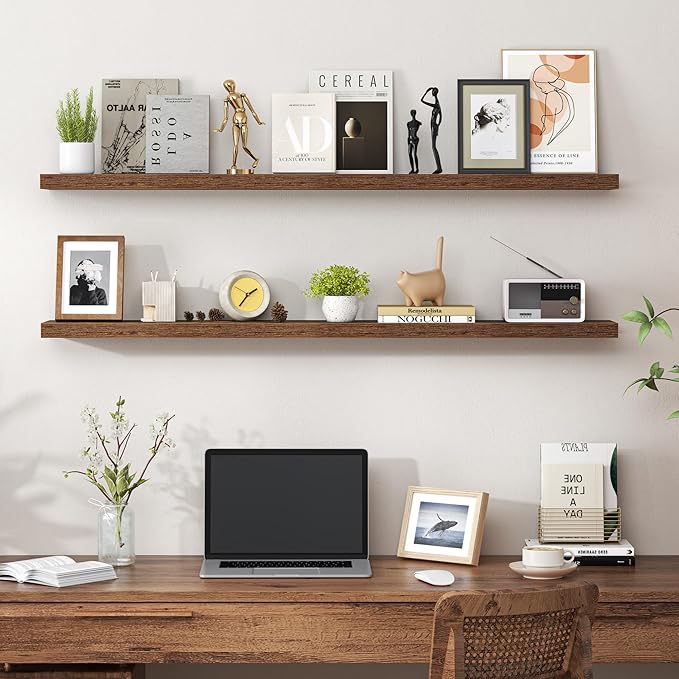 Heimlove 48 Inch Floating Shelves for Wall,Extra Long Wood Shelves Mounted Storage Hanging Shelf Invisible Bracket for Bedroom,Living Room,Kitchen,Office,Set of 2,Rustic Brown