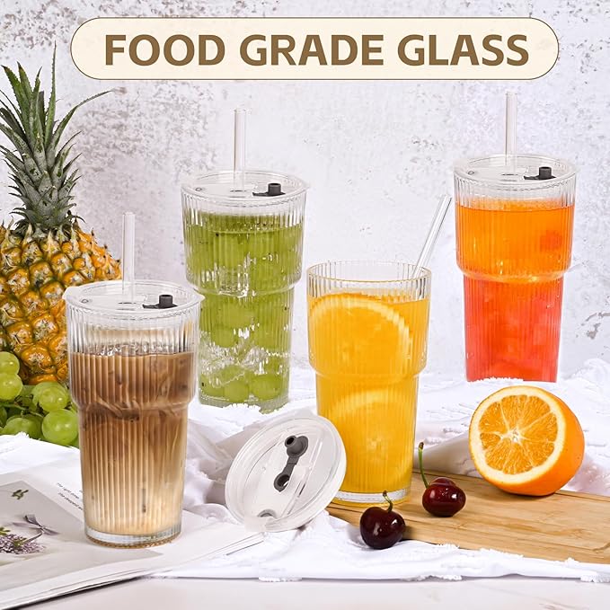 20OZ Glass Tumbler with Straw and Lid,Glass Cups with Lids and Straws,Ribbed Iced Coffee Cups Vintage Glassware for Juice Whiskey Cocktail Beer