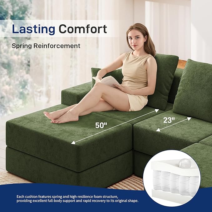 Living&Giving 128" U-Shaped Cloud Sectional Couch for Living Room, Cloud Boneless Couch-No Assembly with Reversible Chaise, Customizable 4-Seat Modular Sectional Sofa with 3 Ottoman, Green