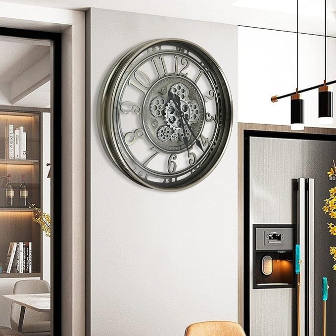 DORBOKER Real Moving Gears Wall Clock Large Modern Metal Clocks for Living Room Decor, Industrial Steampunk Unique Vintage Rustic Decorative Clock for Home Farmhouse Office, 21 Inch,Gunmetal Arabic