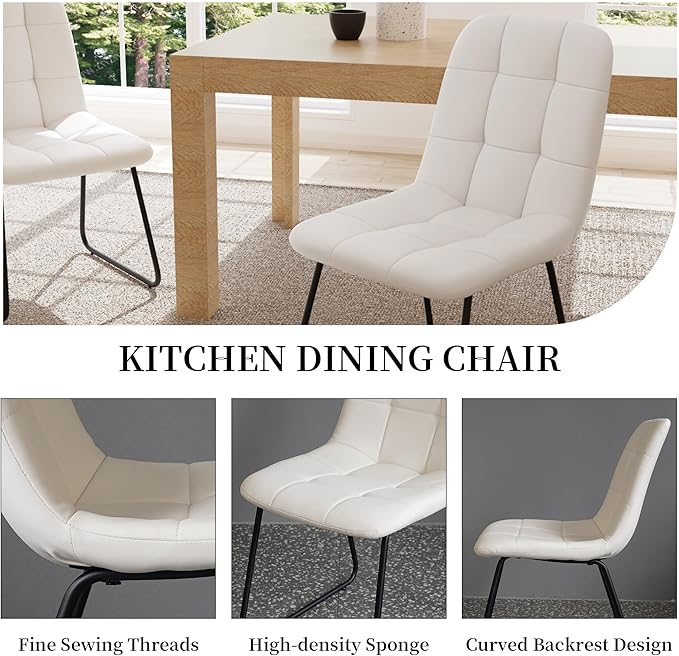 Faux Leather Dining Chairs Set of 4, Modern Upholstered Kitchen Chairs with Curved Backrest and Metal Legs, PU Leather Dining Room Chairs for Kitchen Living Dining Room Set of 4 White