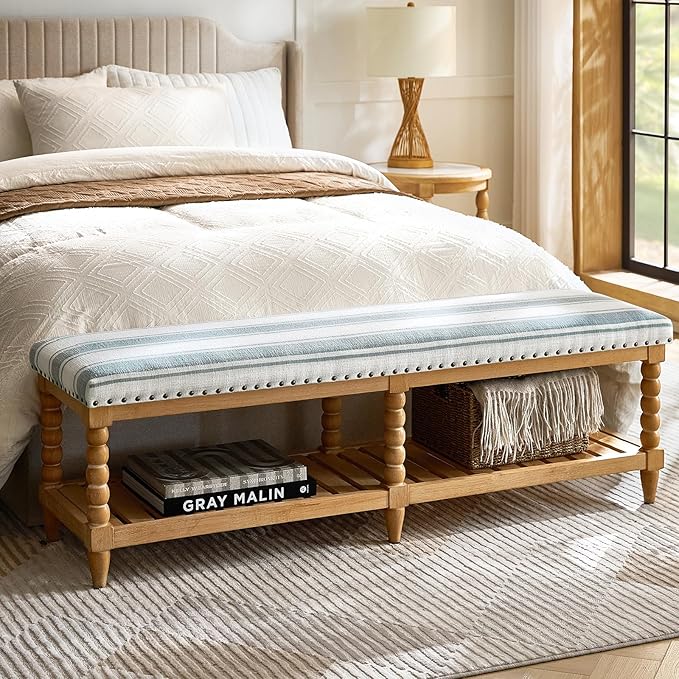 HULALA HOME Entryway Bench with Soild Wood Shelf, 58" Upholstered Shoe Storage Bench with Spindle Legs, Nailhead Trim Detail for Bedroom, Living Room, Hallway, Strip