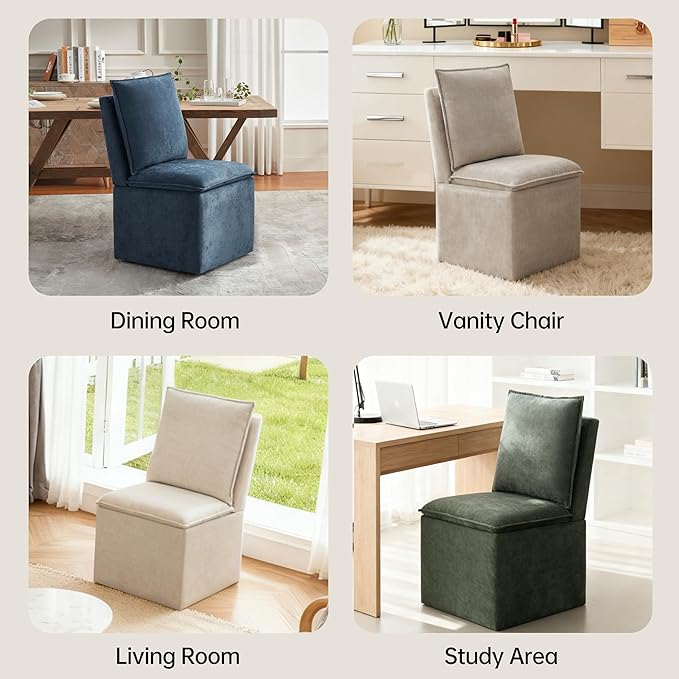 VKNOW Upholstered Dining Chairs Set of 4, Modern Rolling Chairs with Storage and Wheels, Linen Armless Chair with Cushion and Backrest, Dining Room Chairs for Living Room Kitchen Bedroom, Nav