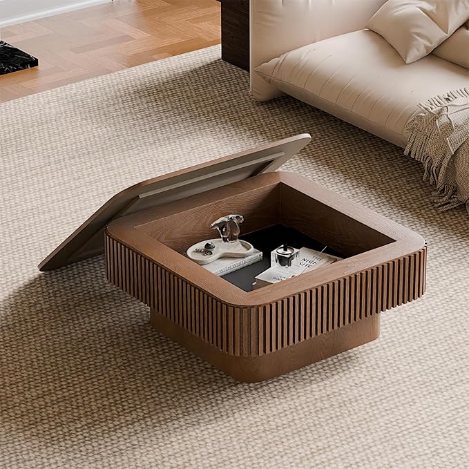 Square Coffee Table for Living Room,Fluted Drum Accent Tea Center Table with Storage,Solid Wood Modern Coffee Tables for Small Space Office Apartment (31.5" L×31.5''W×14''H-Walnut)
