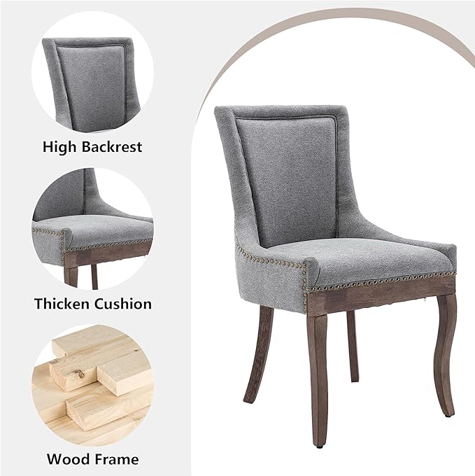 Farmhouse Dining Chairs Set of 4, Upholstered Fabric Dining Room Accent Chairs with Wood Legs & Bronze Nailhead, High Wingback Kitchen Chairs for Living Room Hotel Apartment, Gray