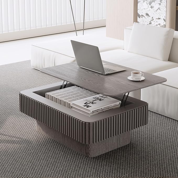 38.6" Lift Top Coffee Table with Storage, Fluted Coffee Table with Solid Wood Veneered, Mid Century Modern Wooden Center Table, Accent Tea Table for Living Room Apartment, Grey