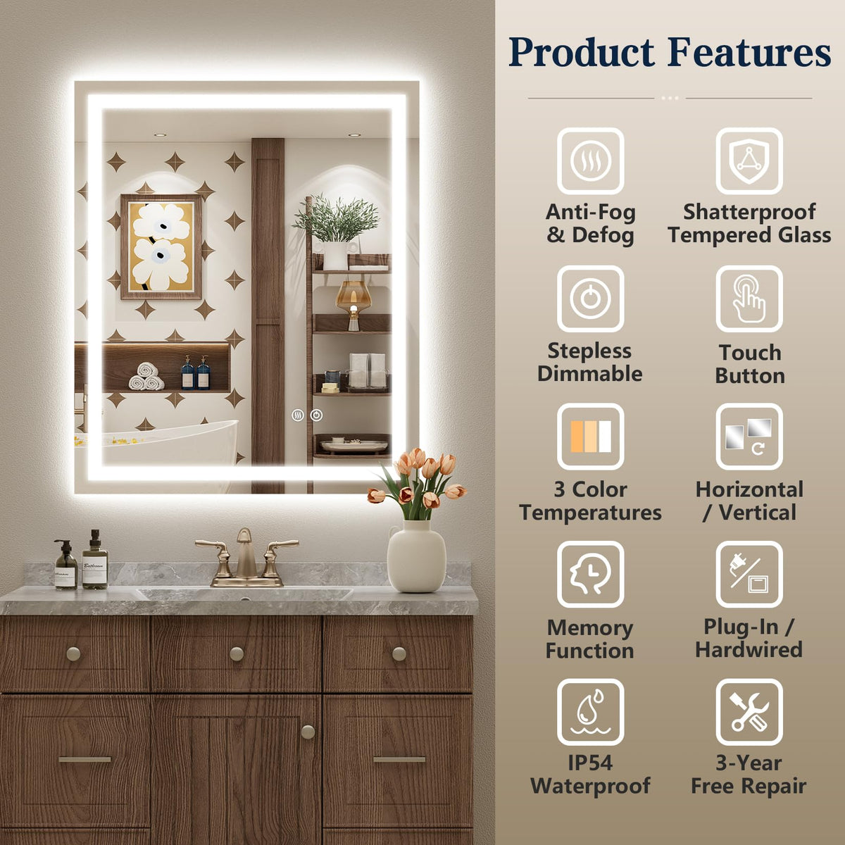 VEEYLOS 20x30 Inch LED Bathroom Mirror with Lights, Backlit & Front Lit