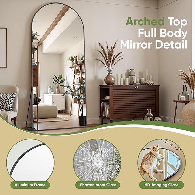 Full Length Mirror, 59"x18" Arched Full Body Mirror, Floor Mirrors with Stand, Body Mirrors Standing Hanging Leaning Against Wall,Aluminum Frame Mirrors for Bedroom Cloakroom,Living Room,Black