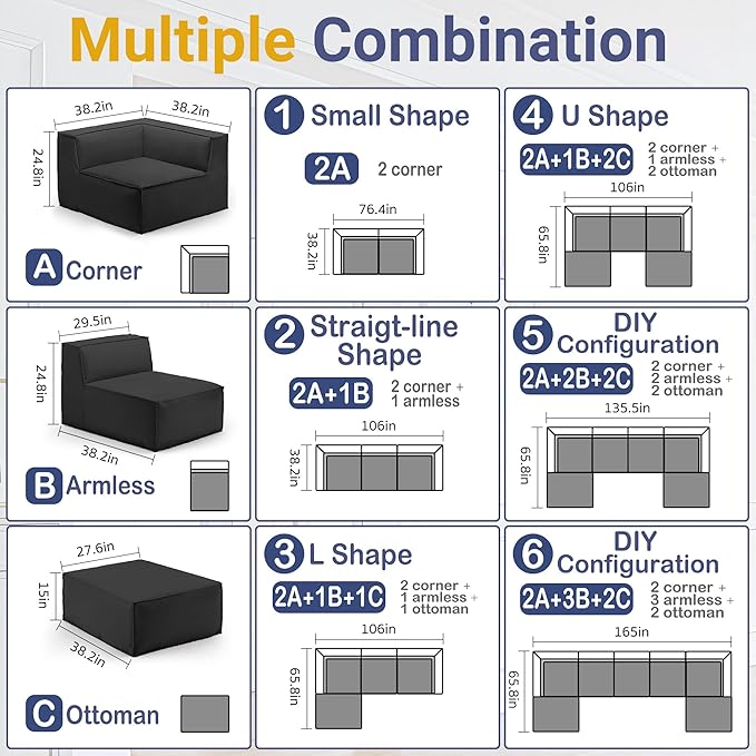 38“ Modular Sectional Sofa Convertible Cube Compressed Couch Seat Set, Combine L-Shaped U-Shaped, Free Assembly, Space-Saving for Living Room, Thick Foam Fabric Chenille Grey (Only Ottoman)