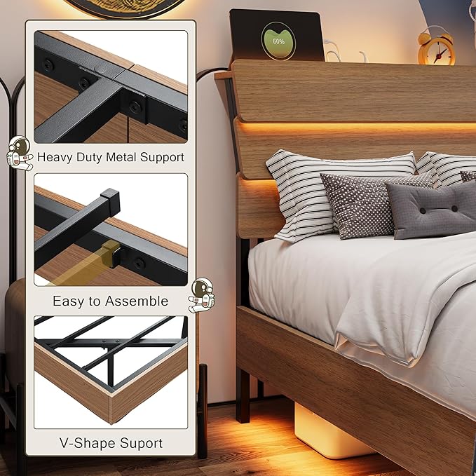 Twin Bed Frames with LED Light and Charging Station, Floating Wooden Bed Frame, Heavy Duty Metal Slats, No Box Spring Needed, Noise Free, Easy Assembly, Walnut