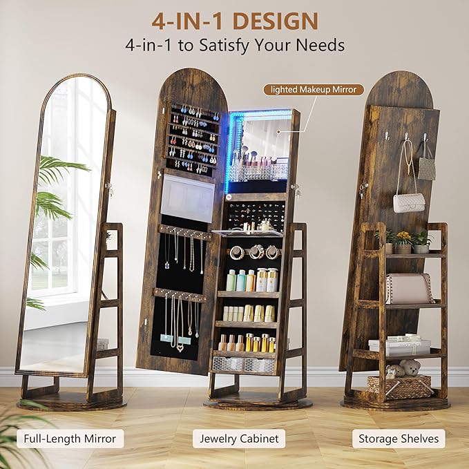 HWB LED Mirror Jewelry Cabinet, 360° Swivel Jewelry Organizer Standing, Arched Wide Full-Length Mirror with Storage Shelves, Interior Mirror, Wood Jewelry Armoire for Lady Girls, Brown