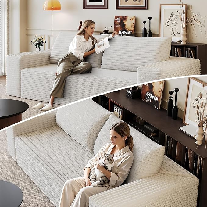 Cloud Loveseat Sofa, Modern Corduroy 2-Seater Couch with Deep Seat, No Assembly Required Memory Foam Sofa, Boneless Sofa in a Box for Bedroom, Apartment, Office,Small Space (White,70.8in)