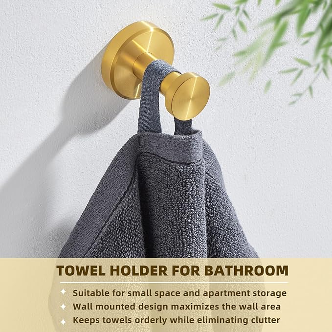 APLusee Brushed Gold Towel Hook for Bathroom, 304 Stainless Steel Round Towel Hanger, Heavy Duty Wall Hook for Kitchen Garage Wall Mounted