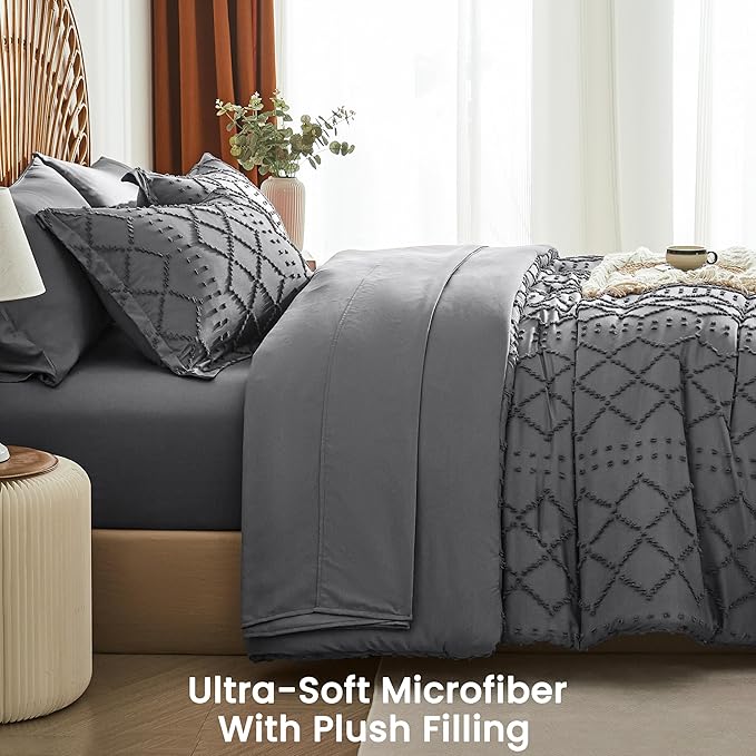 Dark Grey Tufted Comforter Set Queen Size 7 Piece Bed in a Bag,Shabby Chic Boho Comforter and Sheet Set,All Season Soft Microfiber Complete Bedding Set(Dark Grey,90"x90")