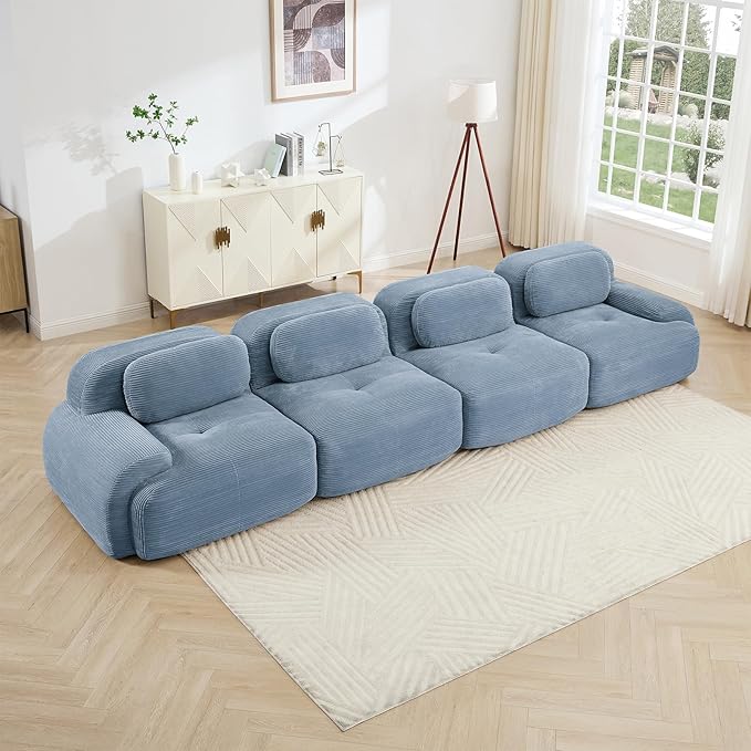 152" Modern Corduroy Cloud Sofa, Boneless Modular Large Sectional Couches for Living Room, Blue 4 Seater Compressed Memory Foam Couch, Extra Deep Seat, No Assembly
