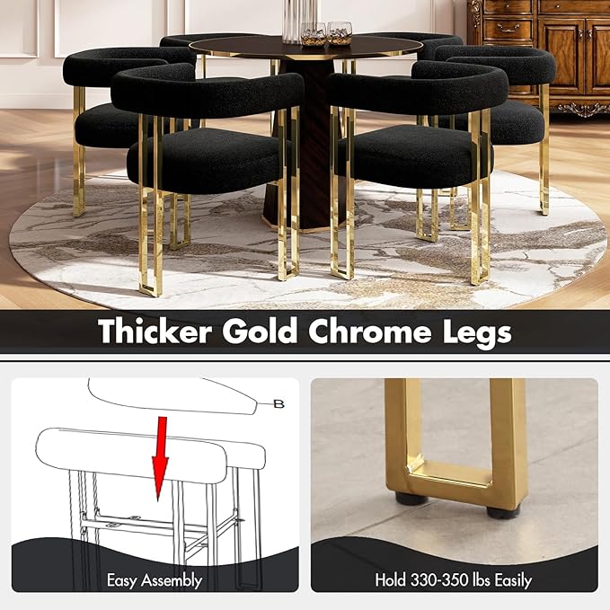Set of 2 Modern Black Boucle Dining Chairs with Gold Metal Legs, Mid Century Accent Upholstered Barrel Armchairs with Open-Back for Kitchen, Dining Room, Living Room, Apartment