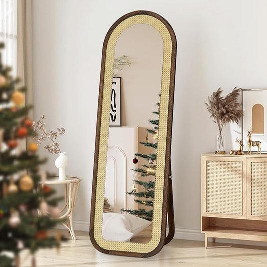 Arched Full Length Mirror with Solid Wood Frame & Rattan Panel, 64"x21" Rustic Wall Mounted Floor Mirror - Free Standing, Leaning Against Wall, Wall-Mounted for Bedroom Living Room (Brown)