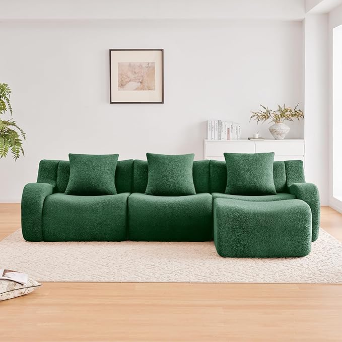 Green L-Shaped Cloud Couch with 1 Ottoman, Modern Teddy Fabric Boneless Sectional Sofa in a Box, Modular Floor Sofa for Living Room, Deep Seat, No Assembly Required, Sofas para Sala
