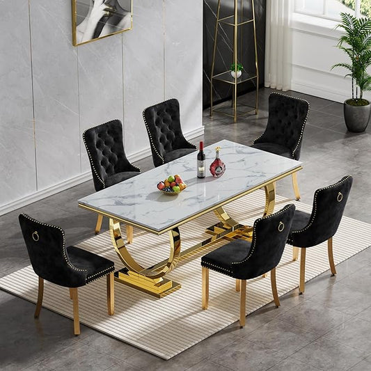 7 Piece Marble Dining Table Set for 6, Luxury White Marble Gold Kitchen Table with 6 Grey Velvet Upholstered Chairs, Modern 6 Person Dining Room Table Set for Kicken Dining Office Room