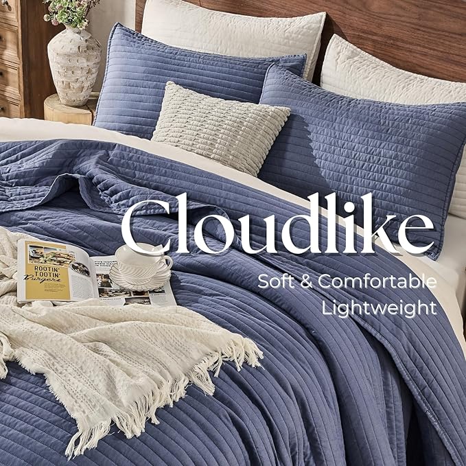 DOWN HOME Queen Quilt Bedding Set with Shams, Vintage Washed Soft Quilted Blanket Thin Comforter Lightweight Bedspread Coverlet Bed Cover, Brushed Microfiber Stripe Stitching, Vintage Denim, 86"x90"