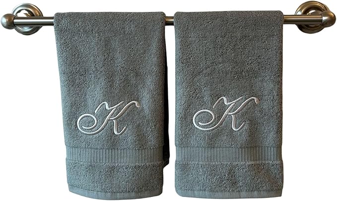 Gray Monogrammed Hand Towels for Bathroom - Luxury Hotel Quality Personalized Initial Embroidered Towel for Powder Room, Spa - GOTS Organic Certified - Set of 2 Silver Letter K